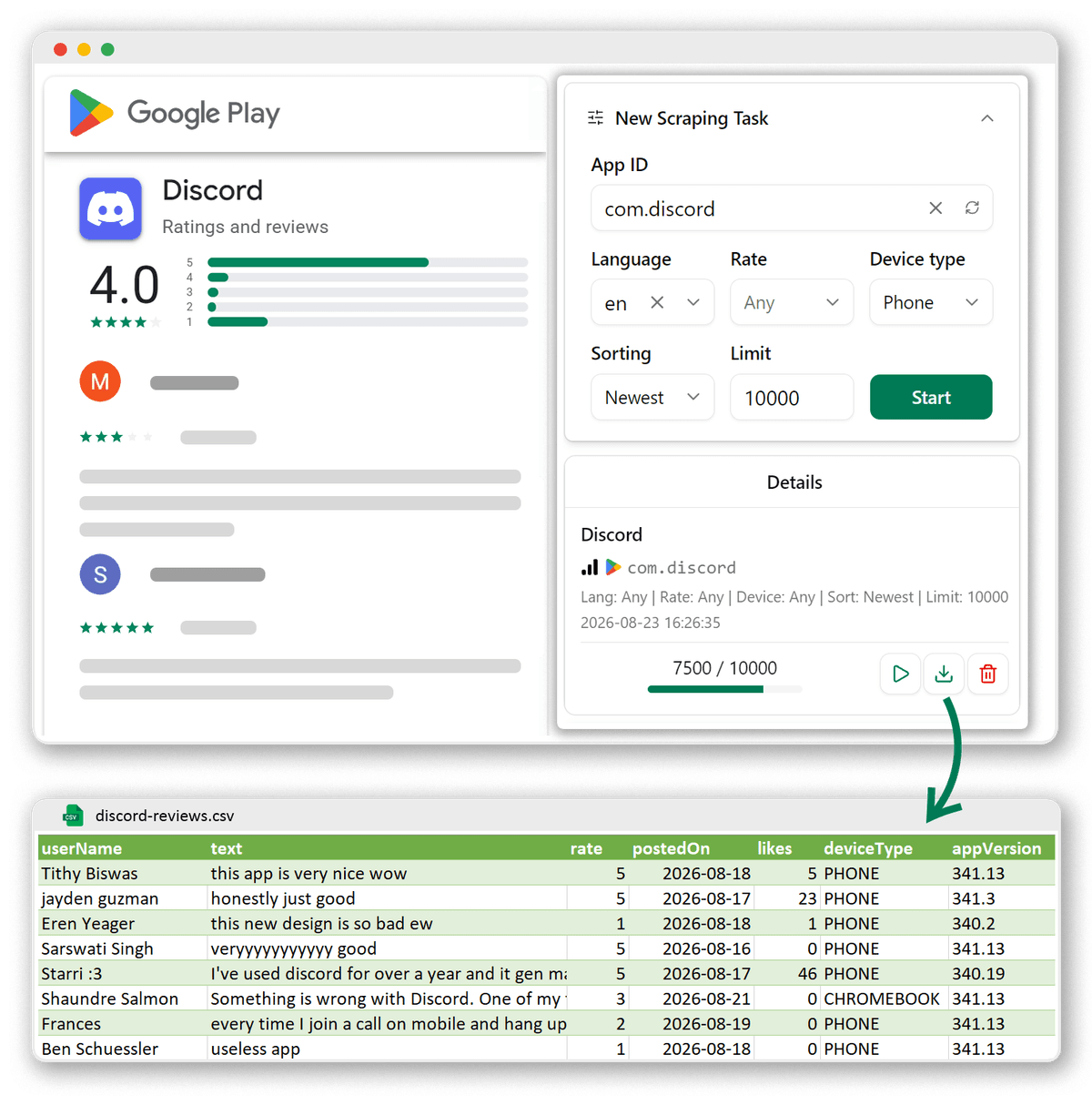 Google Play Reviews Scraper preview